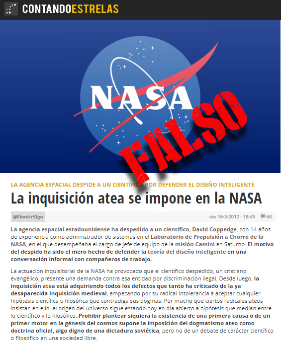 No. David Coppedge, el creacionista, no fue despedido de la NASA «por defender el DI en una conversación informal»
