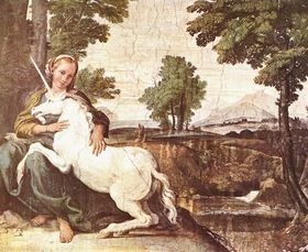 Virgen con unicornio. Pintura de Domenico Zampier (1581-1641)